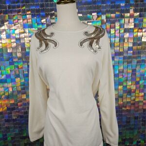 Bob‎ Mackie Wearable Art Ivory Sequin Embellished Long Sleeve Sweater Large